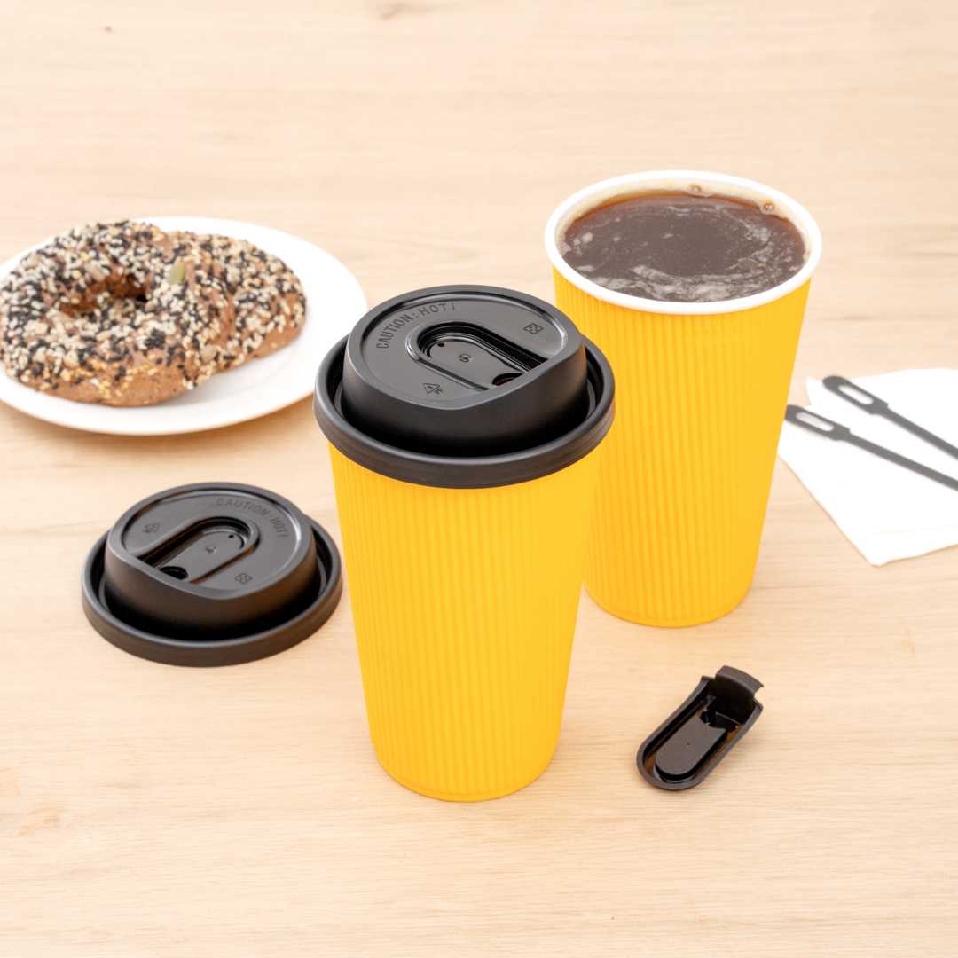 Restpresso Black Plastic Coffee Cup Lid - with Detachable Plug, Fits 8, 12, 16 and 20 oz - 25 count box