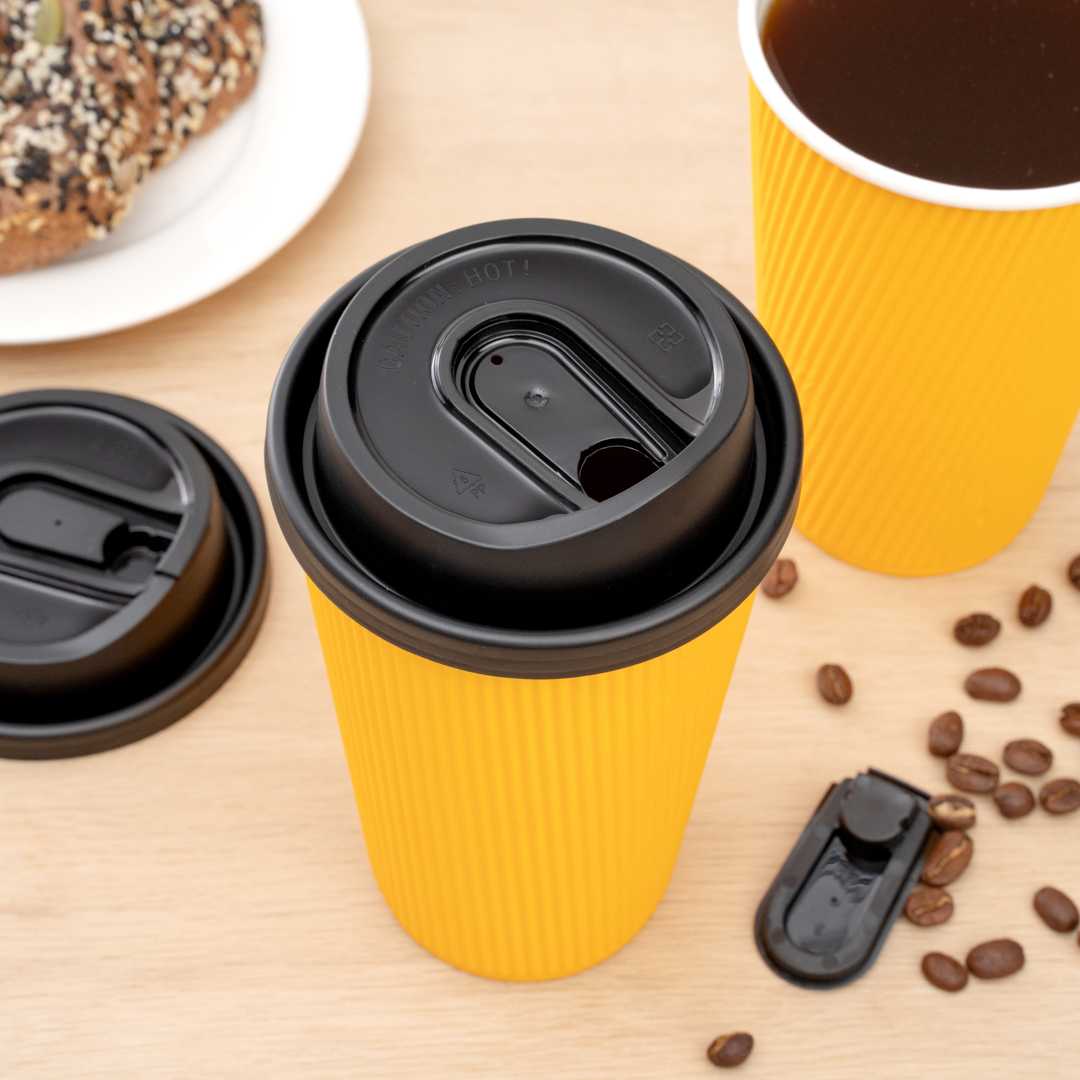 Restpresso Black Plastic Coffee Cup Lid - with Detachable Plug, Fits 8, 12, 16 and 20 oz - 25 count box