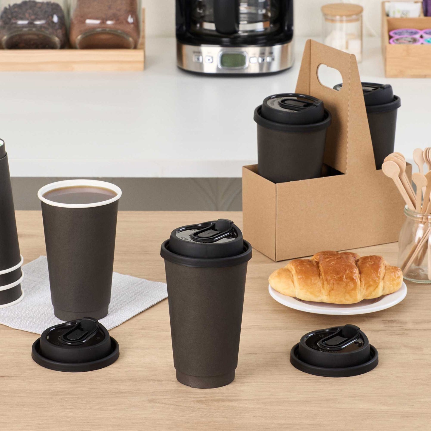 Restpresso Black Plastic Coffee Cup Lid - with Detachable Plug, Fits 8, 12, 16 and 20 oz - 500 count box