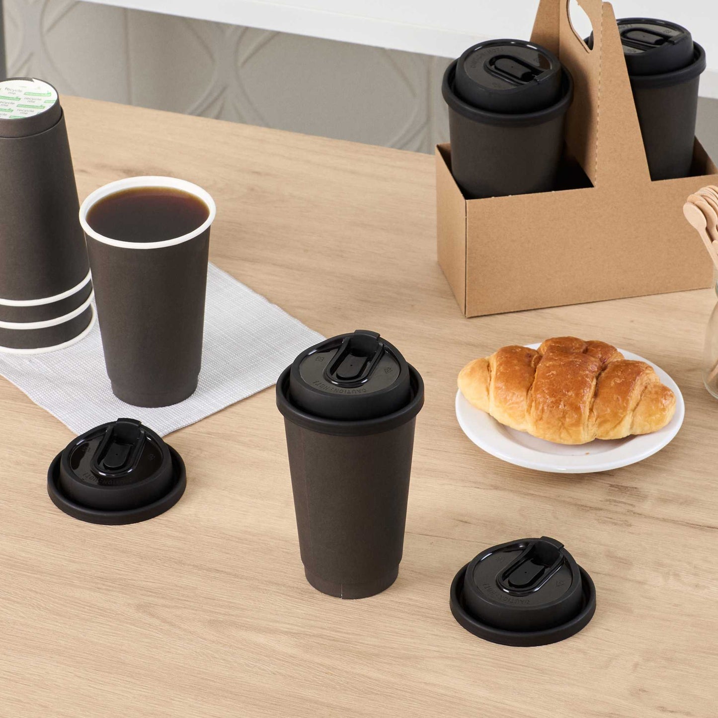 Restpresso Black Plastic Coffee Cup Lid - with Detachable Plug, Fits 8, 12, 16 and 20 oz - 500 count box