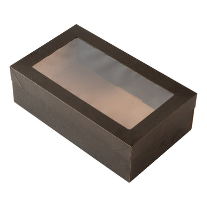 Cater Tek Rectangle Black Paper Catering Box - with Window Lid - 10 1/4" x 6" x 3 1/4" - 10 count box
