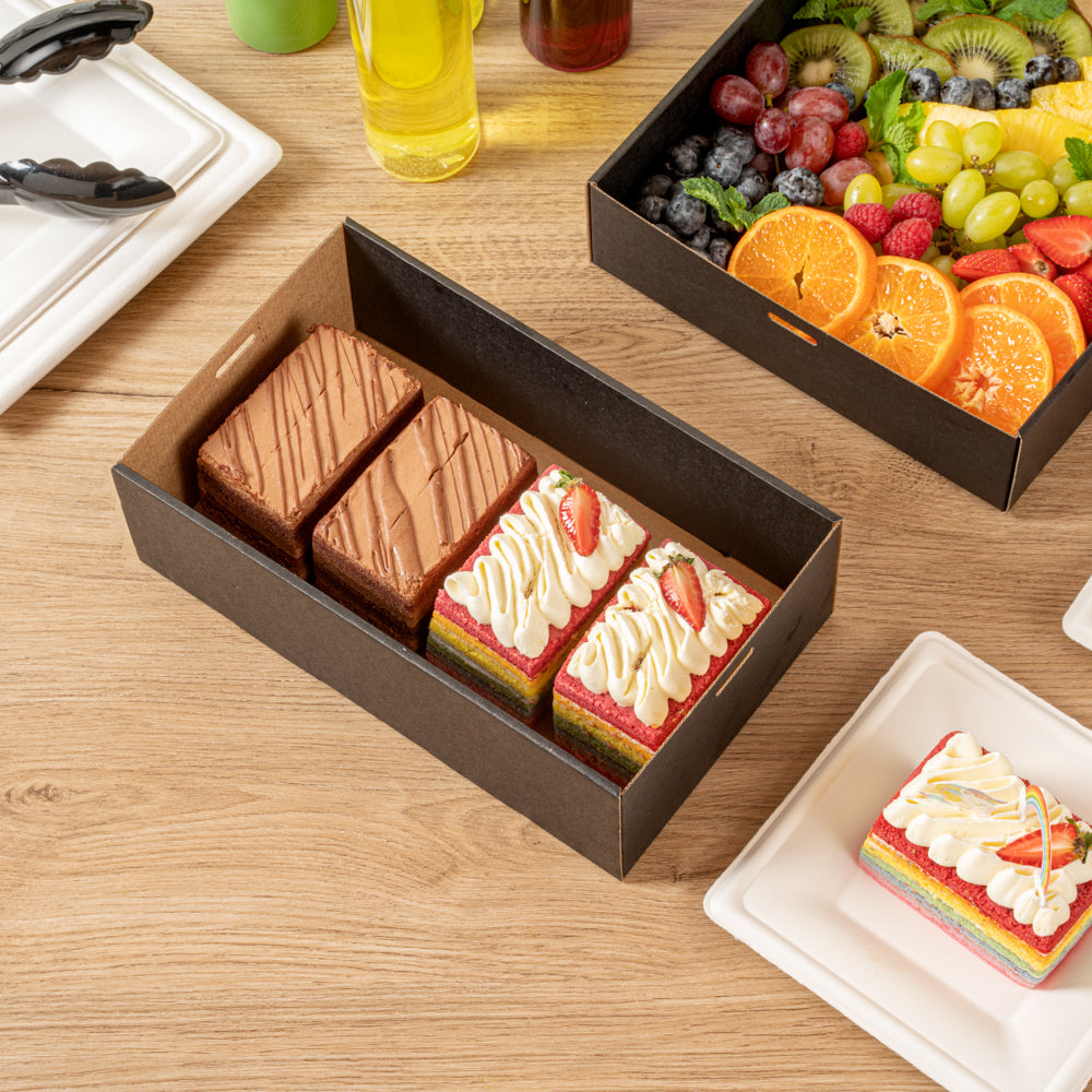 Cater Tek Rectangle Black Paper Catering Box - with Window Lid - 10 1/4" x 6" x 3 1/4" - 10 count box