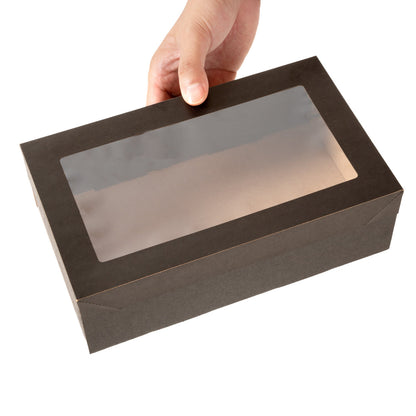 Cater Tek Rectangle Black Paper Catering Box - with Window Lid - 10 1/4" x 6" x 3 1/4" - 10 count box