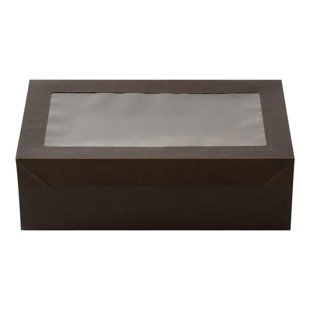 Cater Tek Rectangle Black Paper Catering Box - with Window Lid - 10 1/4" x 6" x 3 1/4" - 10 count box