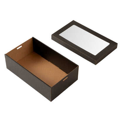 Cater Tek Rectangle Black Paper Catering Box - with Window Lid - 10 1/4" x 6" x 3 1/4" - 10 count box