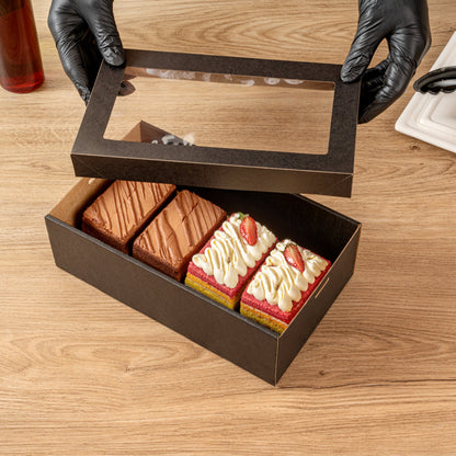 Cater Tek Rectangle Black Paper Catering Box - with Window Lid - 10 1/4" x 6" x 3 1/4" - 10 count box