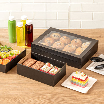 Cater Tek Rectangle Black Paper Catering Box - with Window Lid - 10 1/4" x 6" x 3 1/4" - 100 count box