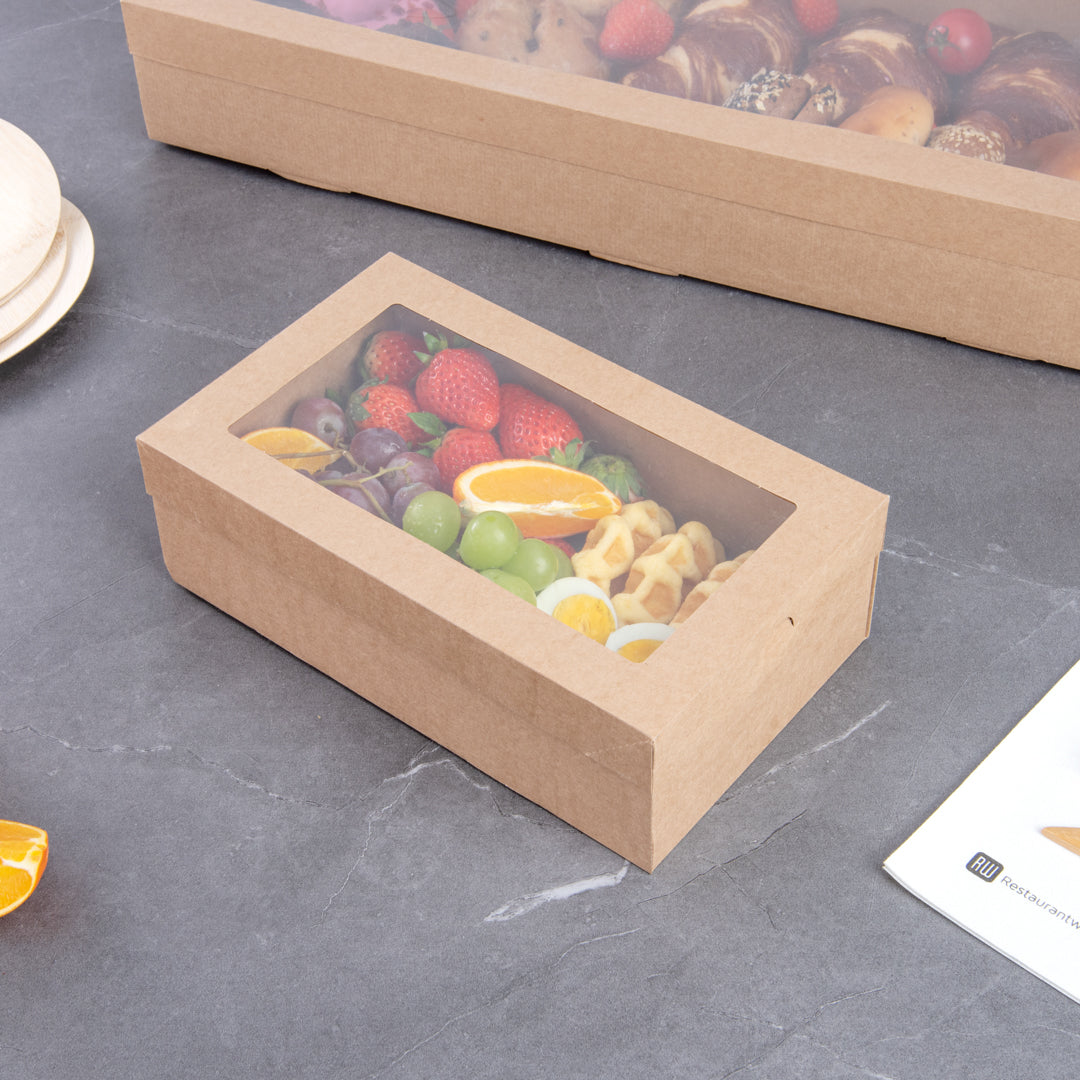 Cater Tek Rectangle Kraft Paper Catering Box - with Window Lid - 10 1/4" x 6" x 3 1/4" - 10 count box