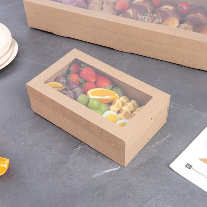 Cater Tek Rectangle Kraft Paper Catering Box - with Window Lid - 10 1/4" x 6" x 3 1/4" - 10 count box