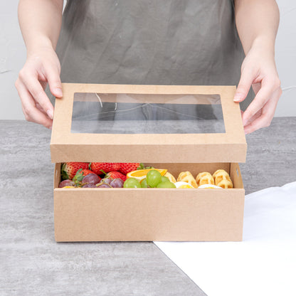 Cater Tek Rectangle Kraft Paper Catering Box - with Window Lid - 10 1/4" x 6" x 3 1/4" - 10 count box