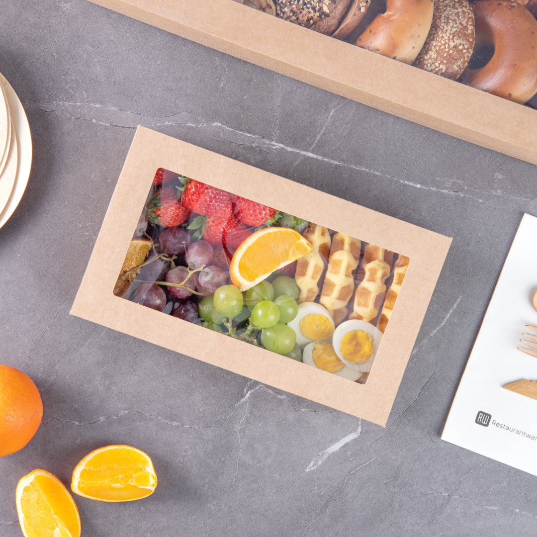 Cater Tek Rectangle Kraft Paper Catering Box - with Window Lid - 10 1/4" x 6" x 3 1/4" - 10 count box