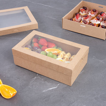 Cater Tek Rectangle Kraft Paper Catering Box - with Window Lid - 10 1/4" x 6" x 3 1/4" - 100 count box