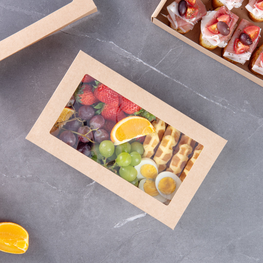Cater Tek Rectangle Kraft Paper Catering Box - with Window Lid - 10 1/4" x 6" x 3 1/4" - 100 count box