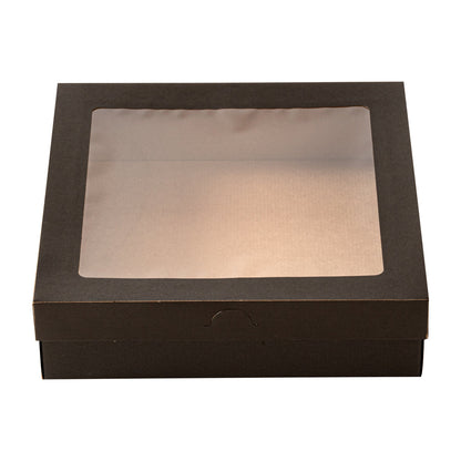 Cater Tek Square Black Paper Catering Box - with Window Lid - 9" x 9" x 2 1/4" - 10 count box