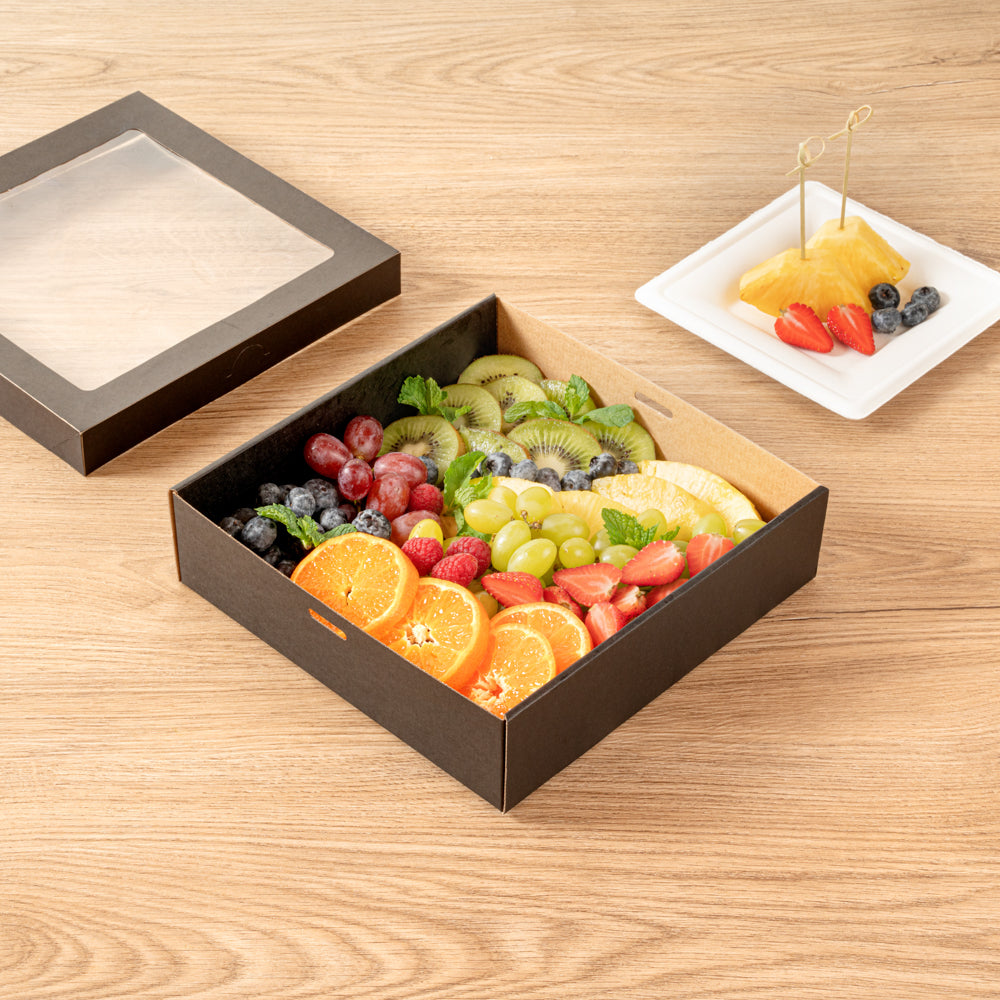 Cater Tek Square Black Paper Catering Box - with Window Lid - 9" x 9" x 2 1/4" - 10 count box