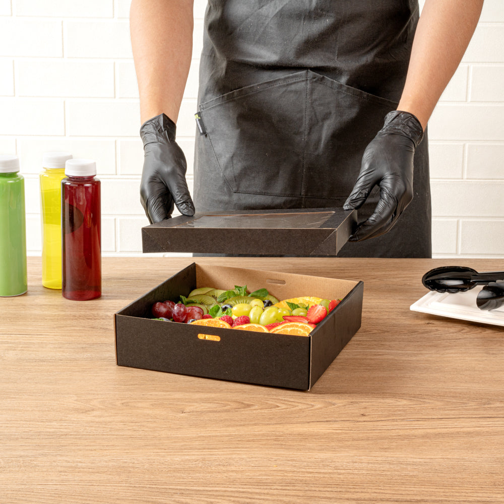 Cater Tek Square Black Paper Catering Box - with Window Lid - 9" x 9" x 2 1/4" - 10 count box