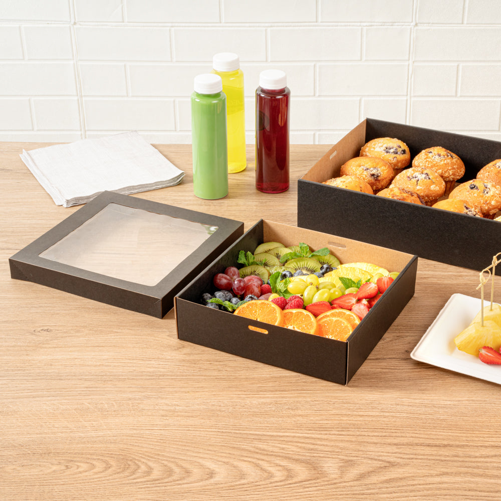 Cater Tek Square Black Paper Catering Box - with Window Lid - 9" x 9" x 2 1/4" - 10 count box