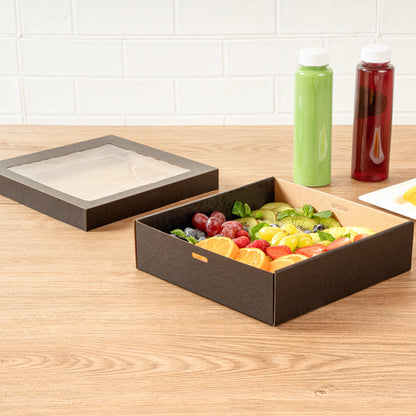 Cater Tek Square Black Paper Catering Box - with Window Lid - 9" x 9" x 2 1/4" - 10 count box