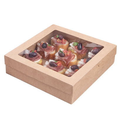 Cater Tek Square Kraft Paper Catering Box - with Window Lid - 9" x 9" x 2 1/4" - 10 count box