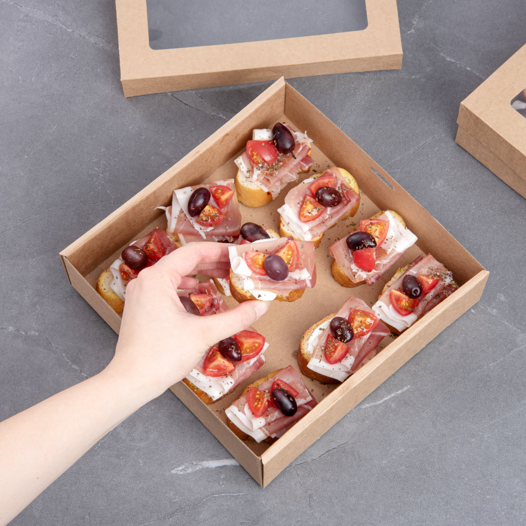 Cater Tek Square Kraft Paper Catering Box - with Window Lid - 9" x 9" x 2 1/4" - 10 count box