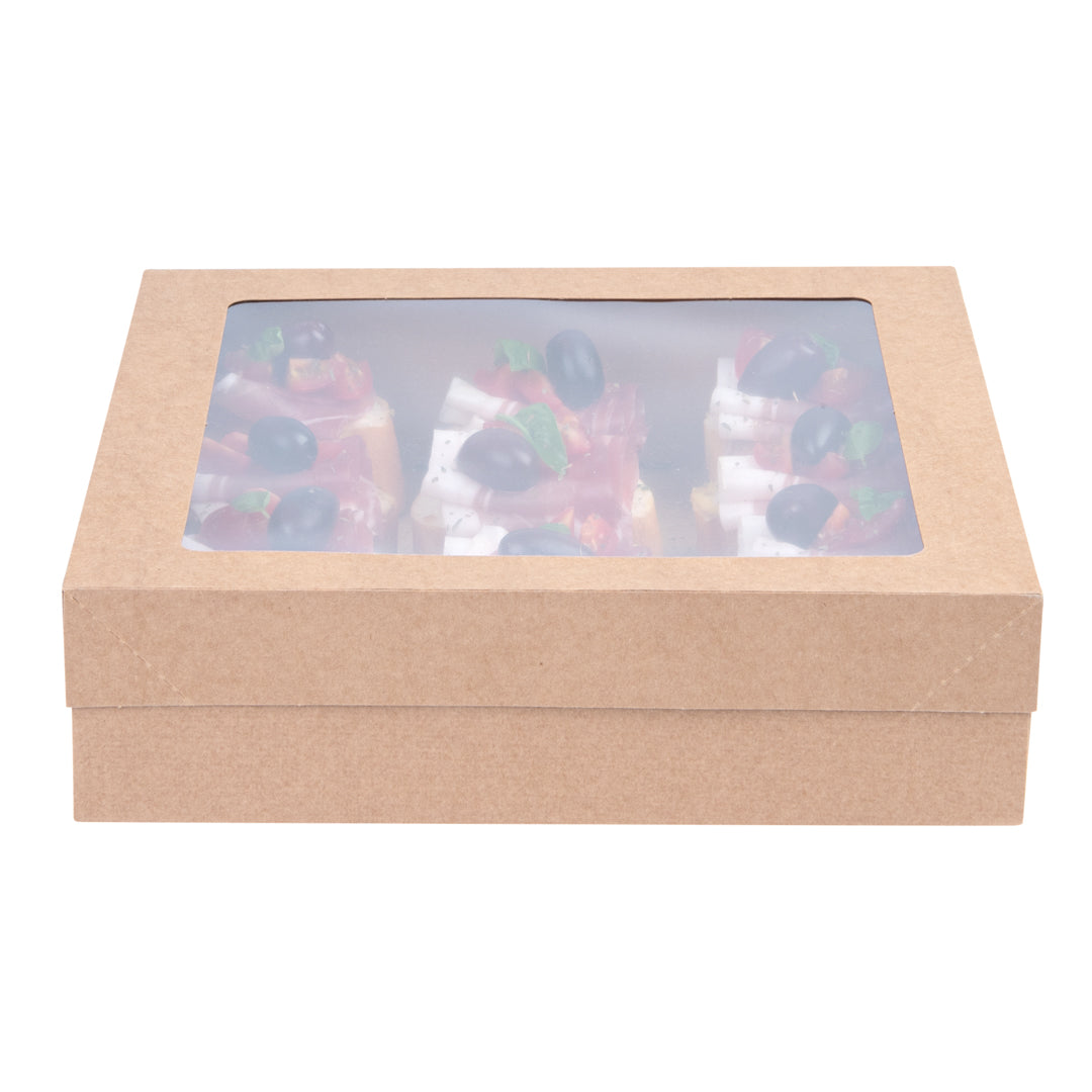 Cater Tek Square Kraft Paper Catering Box - with Window Lid - 9" x 9" x 2 1/4" - 10 count box
