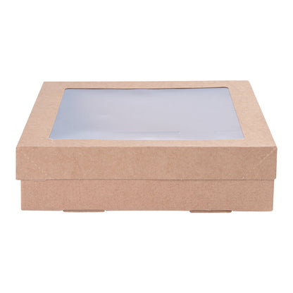 Cater Tek Square Kraft Paper Catering Box - with Window Lid - 9" x 9" x 2 1/4" - 10 count box