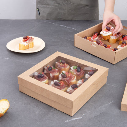 Cater Tek Square Kraft Paper Catering Box - with Window Lid - 9" x 9" x 2 1/4" - 10 count box