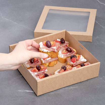 Cater Tek Square Kraft Paper Catering Box - with Window Lid - 9" x 9" x 2 1/4" - 10 count box