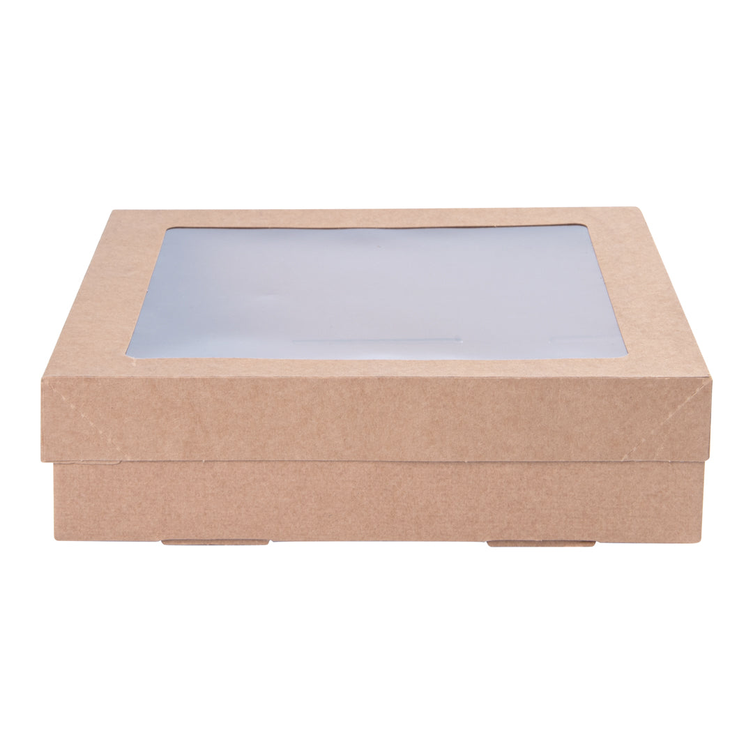 Cater Tek Square Kraft Paper Catering Box - with Window Lid - 9" x 9" x 2 1/4" - 100 count box