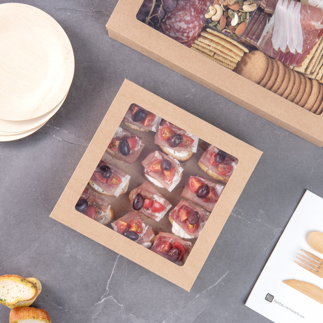 Cater Tek Square Kraft Paper Catering Box - with Window Lid - 9" x 9" x 2 1/4" - 100 count box