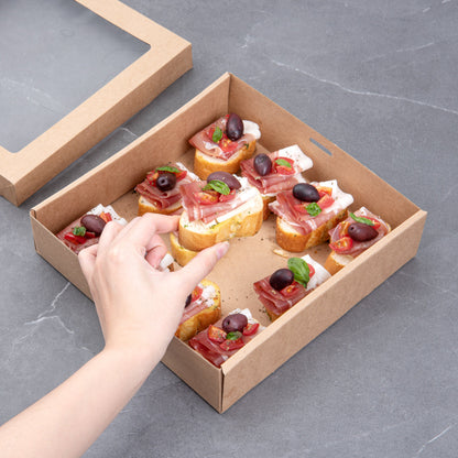 Cater Tek Square Kraft Paper Catering Box - with Window Lid - 9" x 9" x 2 1/4" - 100 count box