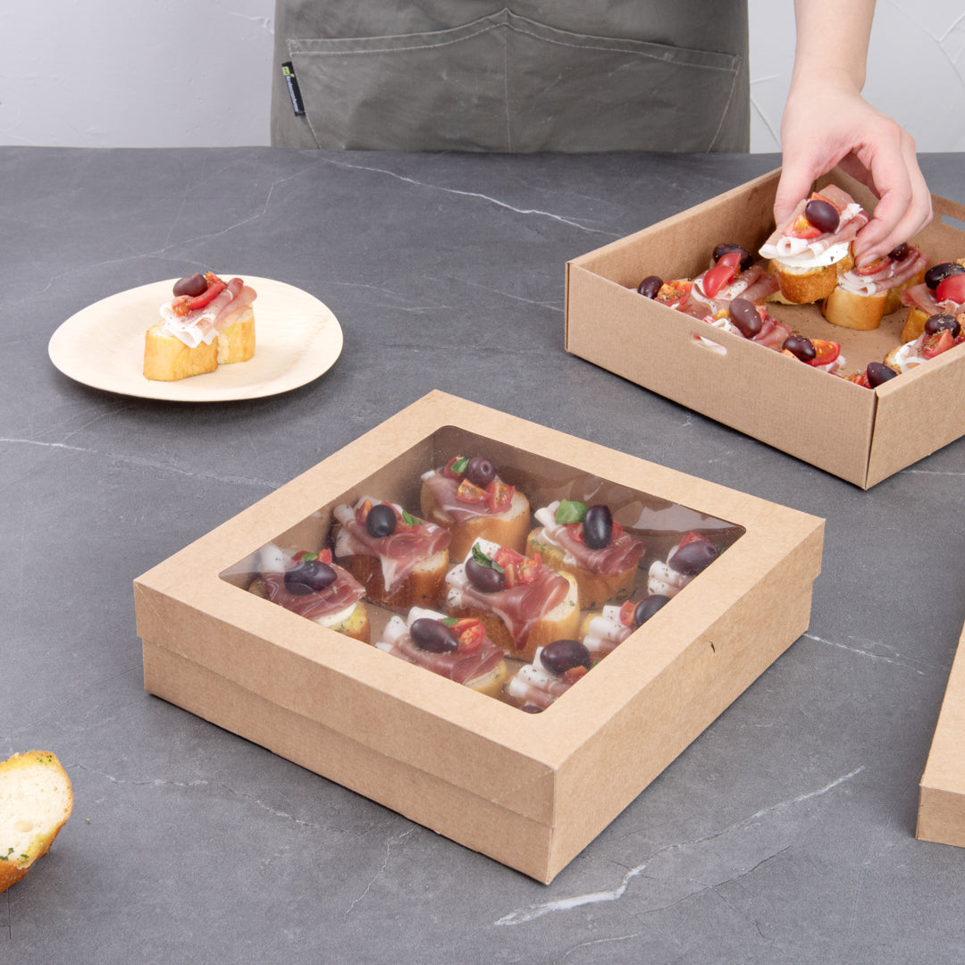 Cater Tek Square Kraft Paper Catering Box - with Window Lid - 9" x 9" x 2 1/4" - 100 count box