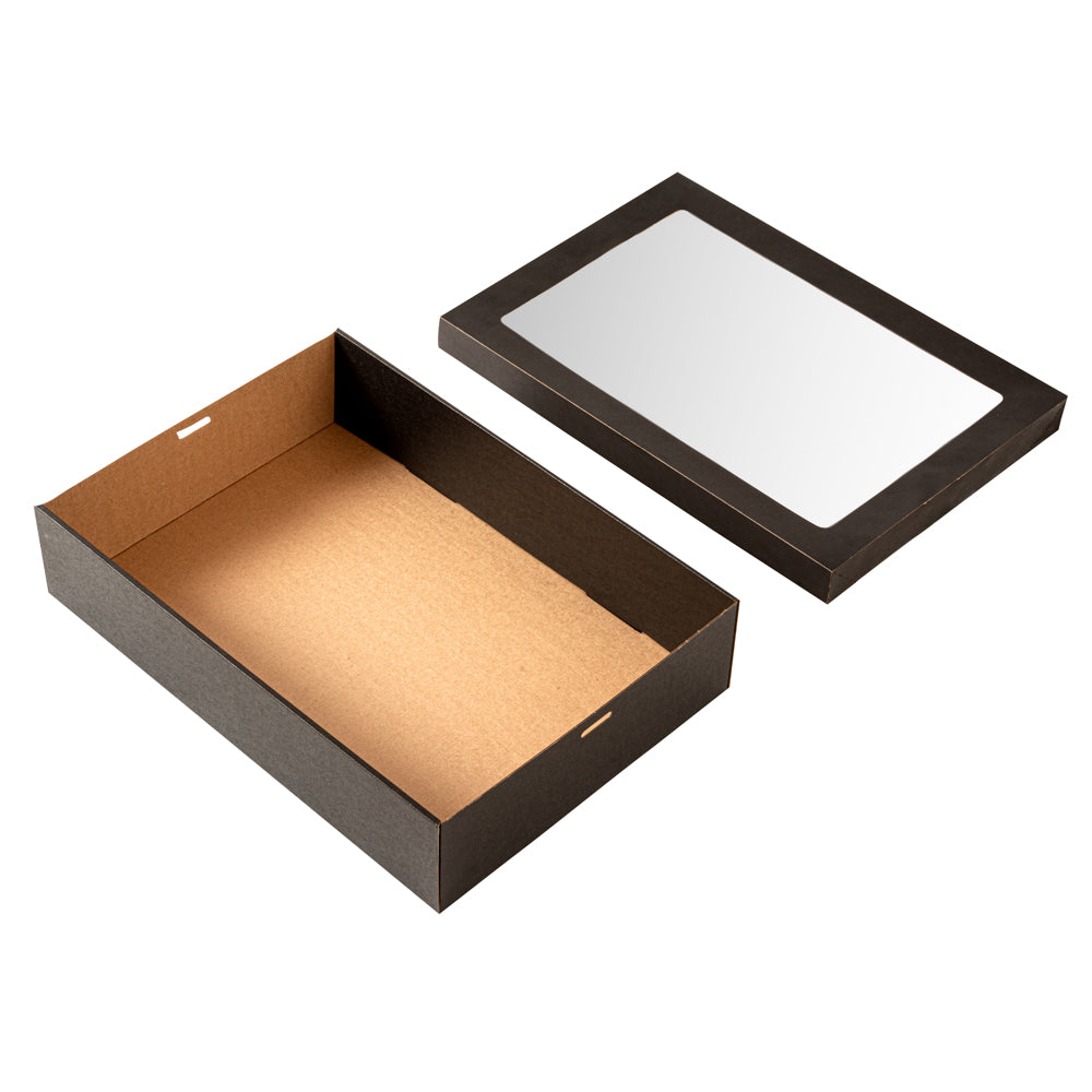 Cater Tek Rectangle Black Paper Catering Box - with Window Lid - 14 1/4" x 10" x 3 1/4" - 10 count box
