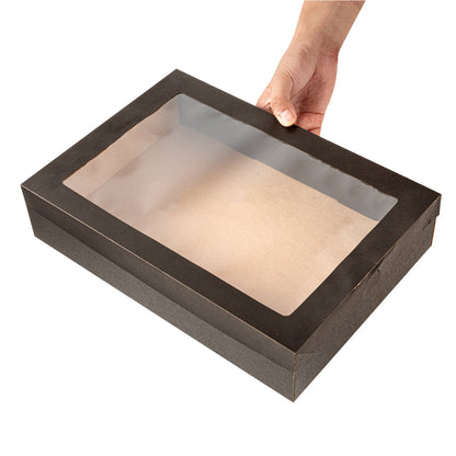Cater Tek Rectangle Black Paper Catering Box - with Window Lid - 14 1/4" x 10" x 3 1/4" - 100 count box