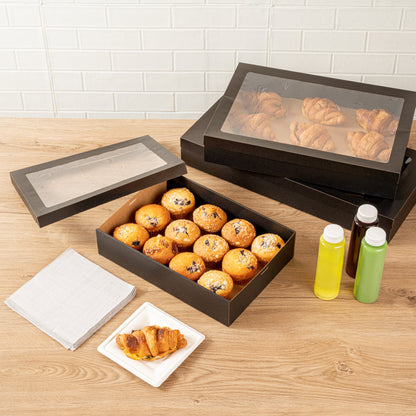 Cater Tek Rectangle Black Paper Catering Box - with Window Lid - 14 1/4" x 10" x 3 1/4" - 100 count box