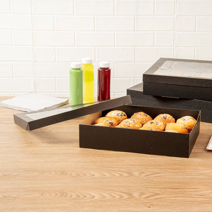 Cater Tek Rectangle Black Paper Catering Box - with Window Lid - 14 1/4" x 10" x 3 1/4" - 100 count box