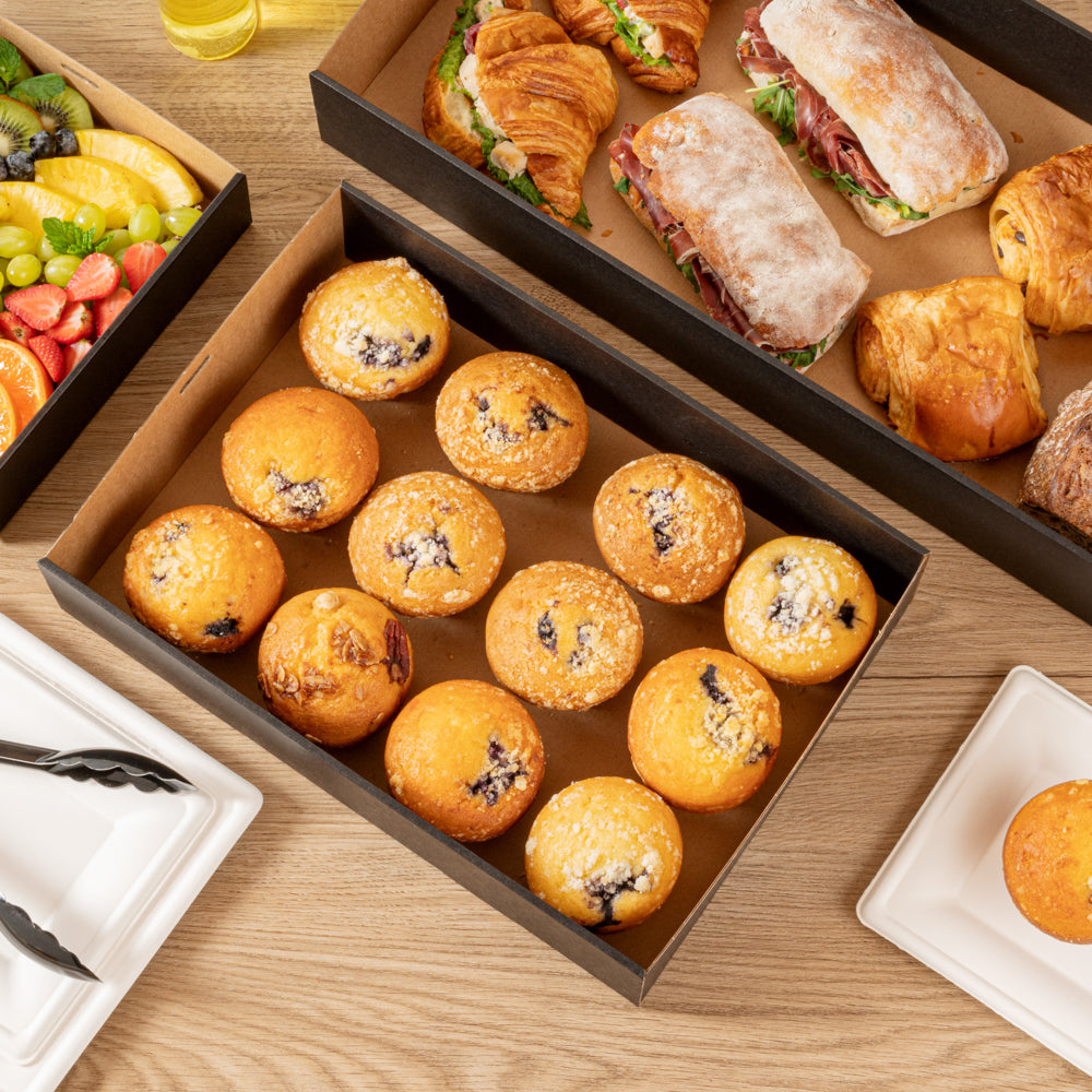 Cater Tek Rectangle Black Paper Catering Box - with Window Lid - 14 1/4" x 10" x 3 1/4" - 100 count box
