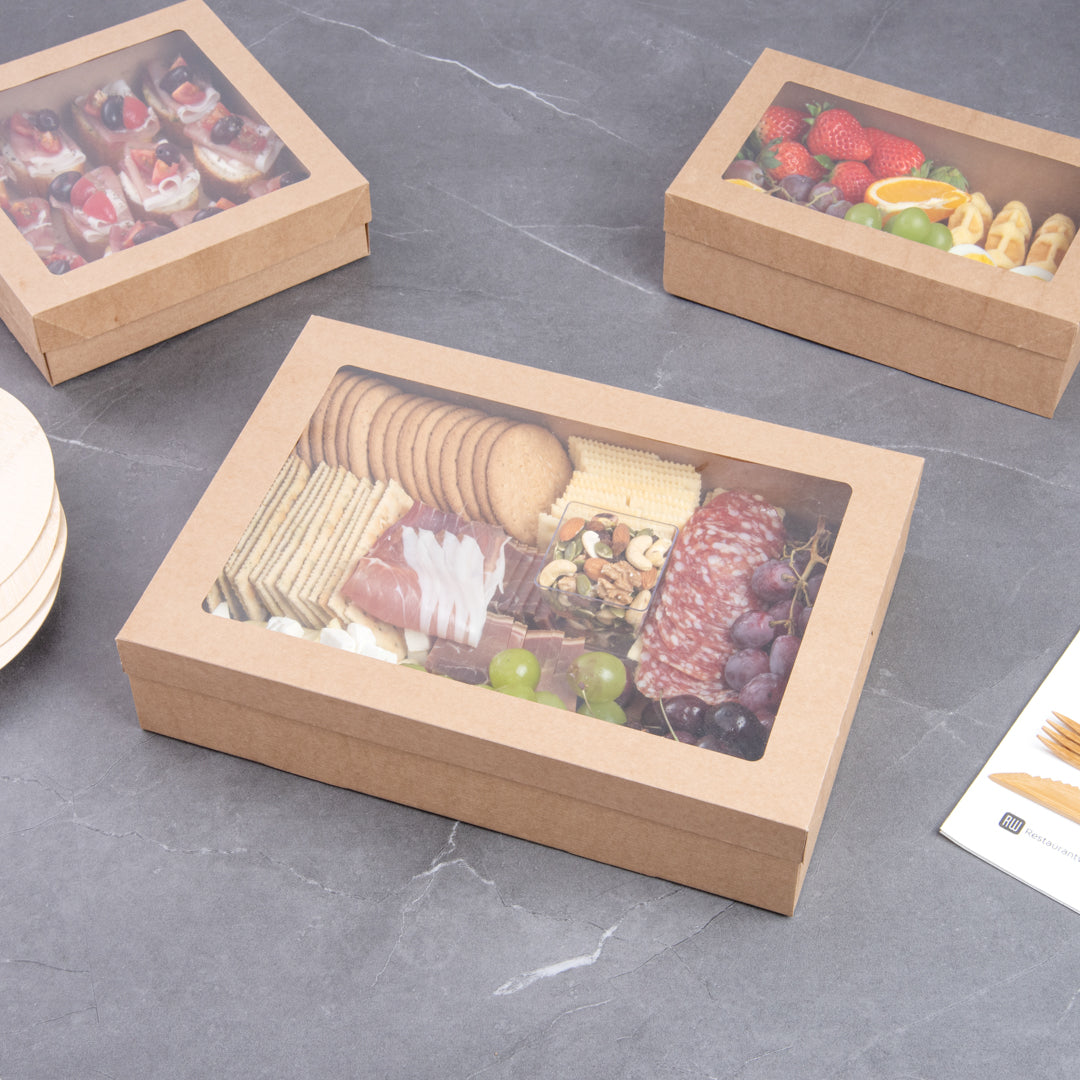 Cater Tek Rectangle Kraft Paper Catering Box - with Window Lid - 14 1/4" x 10" x 3 1/4" - 100 count box