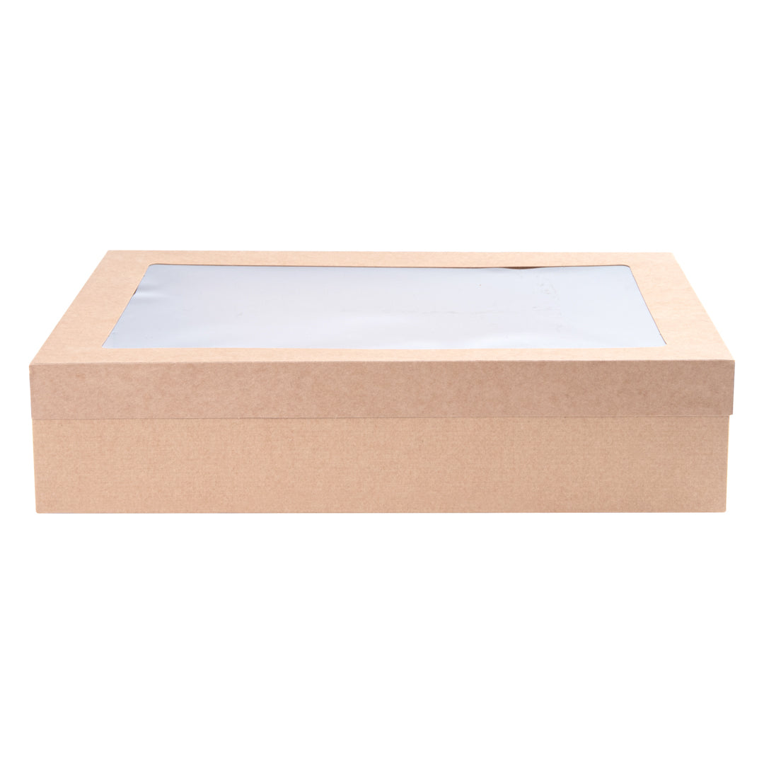 Cater Tek Rectangle Kraft Paper Catering Box - with Window Lid - 14 1/4" x 10" x 3 1/4" - 100 count box