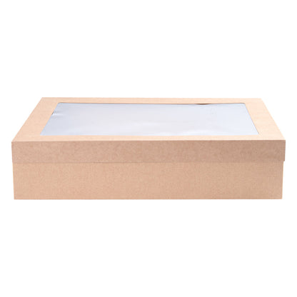 Cater Tek Rectangle Kraft Paper Catering Box - with Window Lid - 14 1/4" x 10" x 3 1/4" - 100 count box