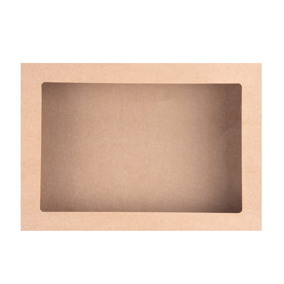 Cater Tek Rectangle Kraft Paper Catering Box - with Window Lid - 14 1/4" x 10" x 3 1/4" - 100 count box