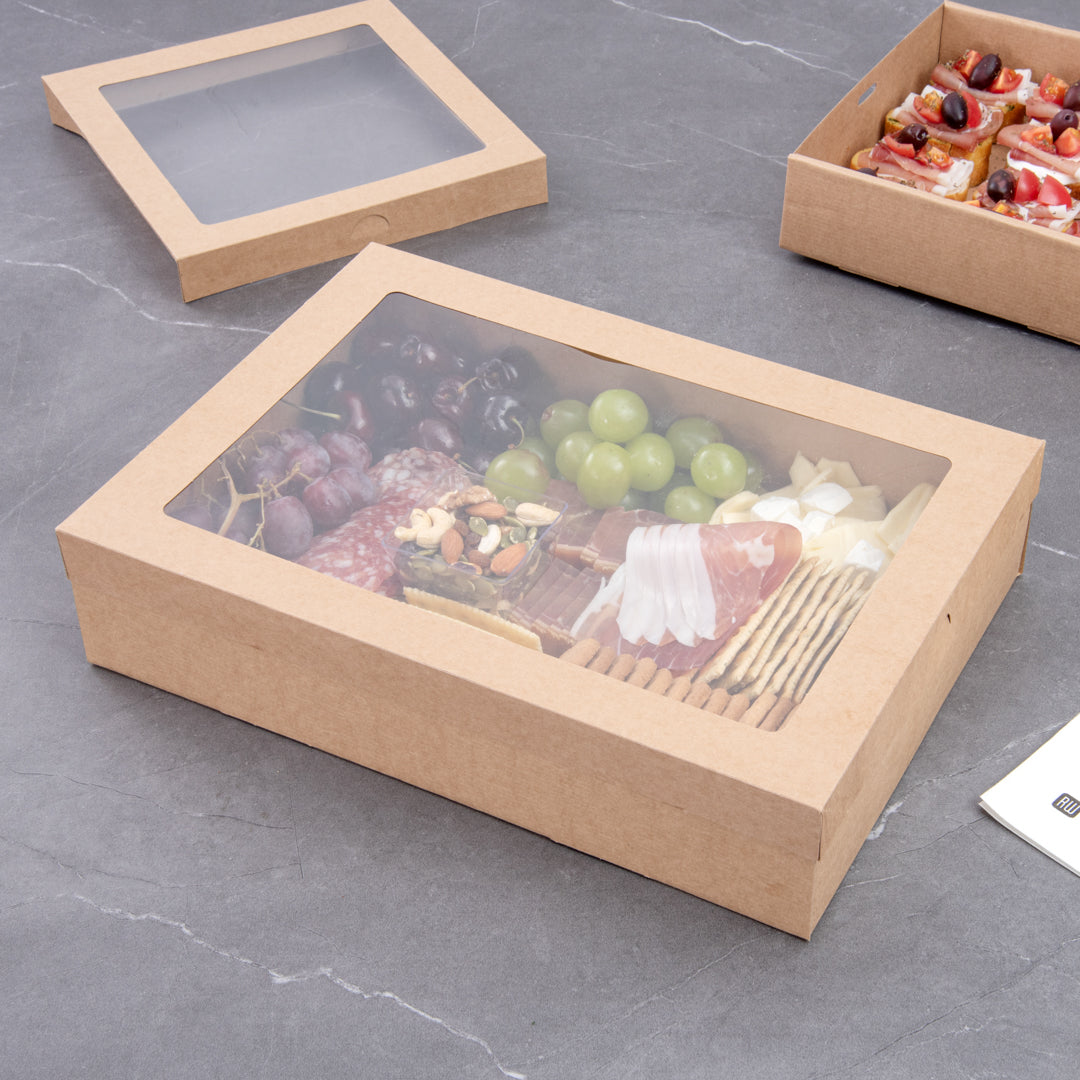 Cater Tek Rectangle Kraft Paper Catering Box - with Window Lid - 14 1/4" x 10" x 3 1/4" - 100 count box