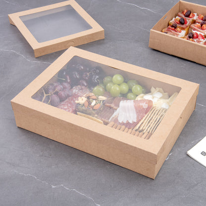 Cater Tek Rectangle Kraft Paper Catering Box - with Window Lid - 14 1/4" x 10" x 3 1/4" - 100 count box
