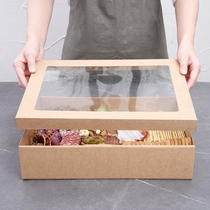 Cater Tek Rectangle Kraft Paper Catering Box - with Window Lid - 14 1/4" x 10" x 3 1/4" - 100 count box