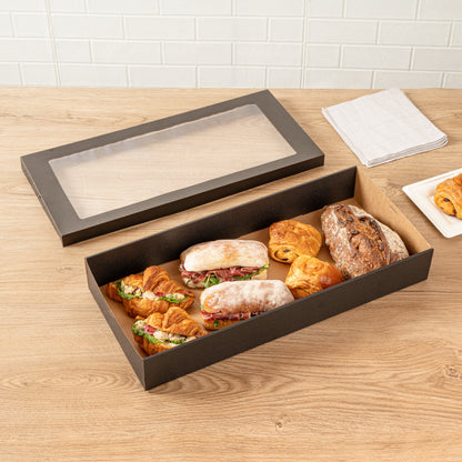 Cater Tek Rectangle Black Paper Catering Box - with Window Lid - 22 1/4" x 10" x 3 1/4" - 10 count box