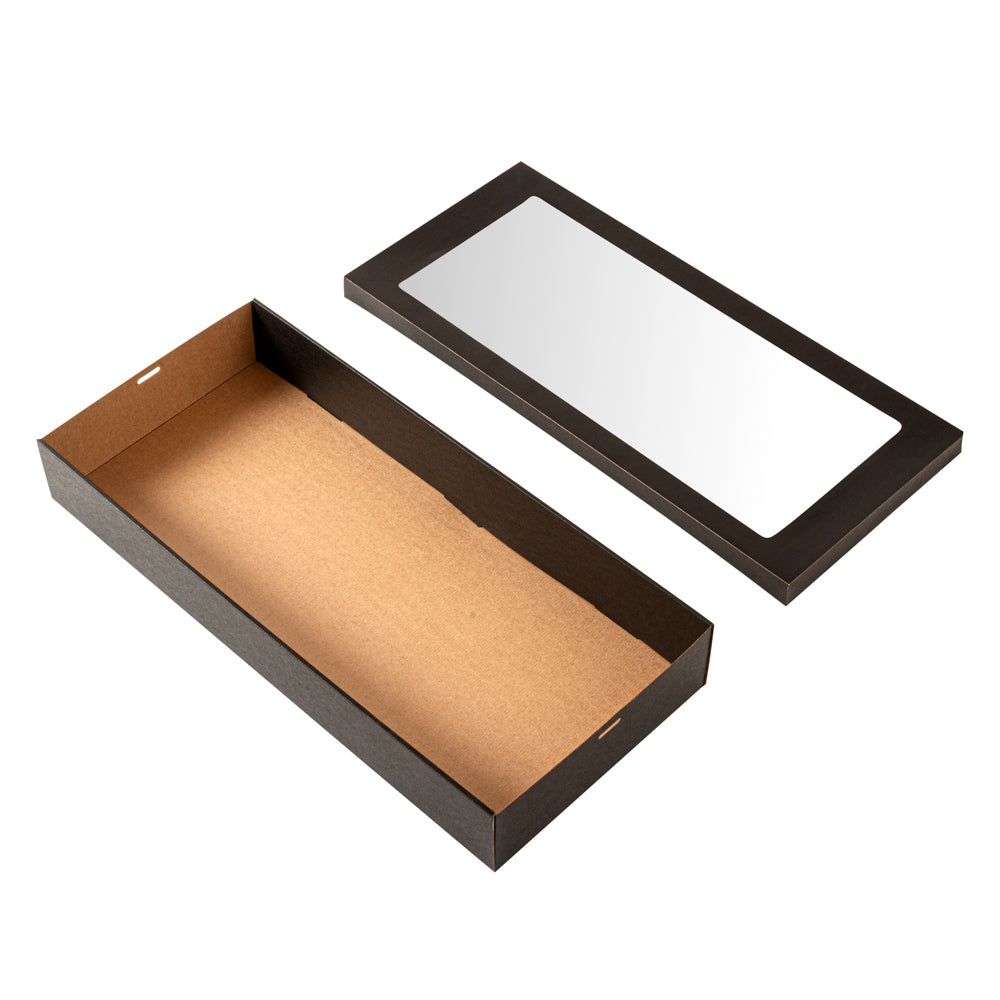 Cater Tek Rectangle Black Paper Catering Box - with Window Lid - 22 1/4" x 10" x 3 1/4" - 10 count box