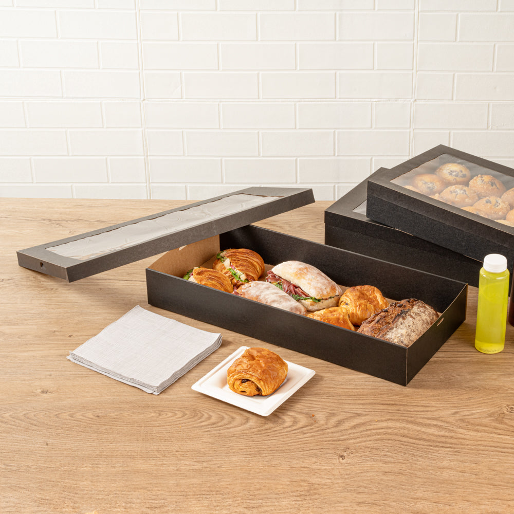 Cater Tek Rectangle Black Paper Catering Box - with Window Lid - 22 1/4" x 10" x 3 1/4" - 10 count box