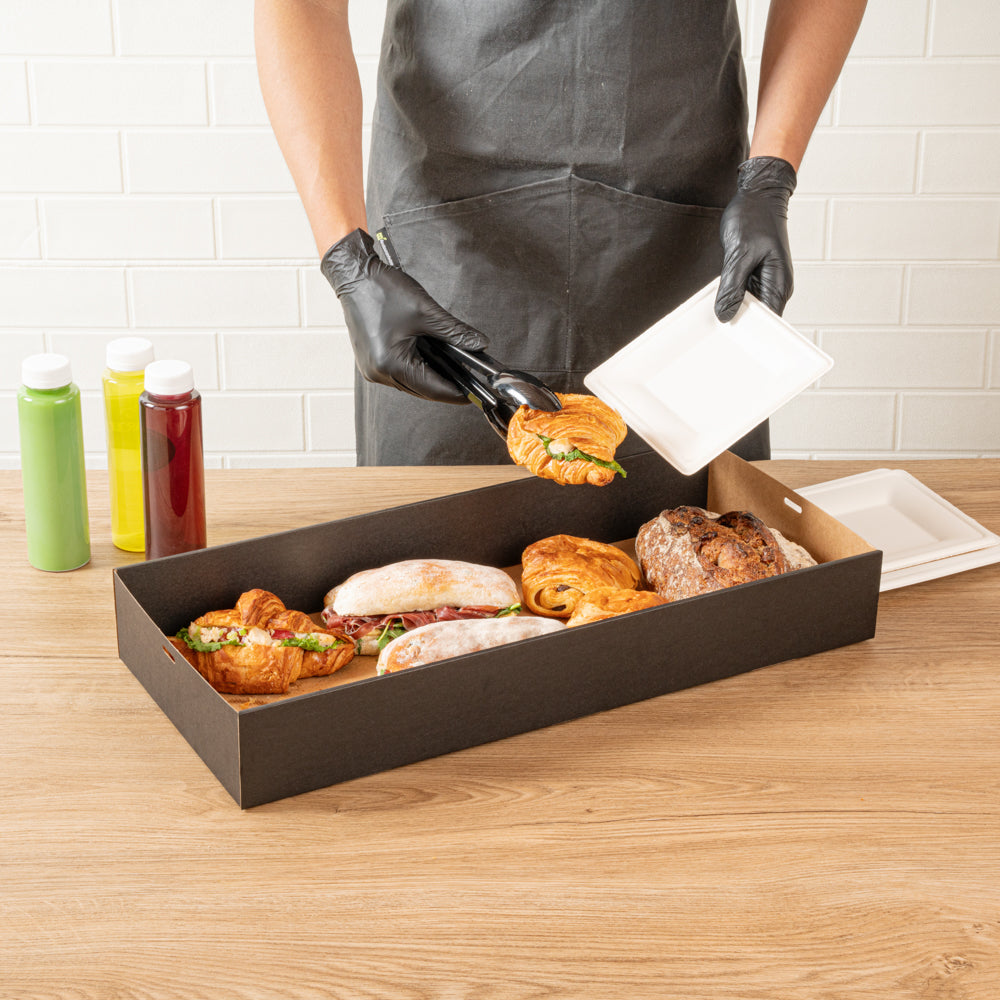 Cater Tek Rectangle Black Paper Catering Box - with Window Lid - 22 1/4" x 10" x 3 1/4" - 100 count box