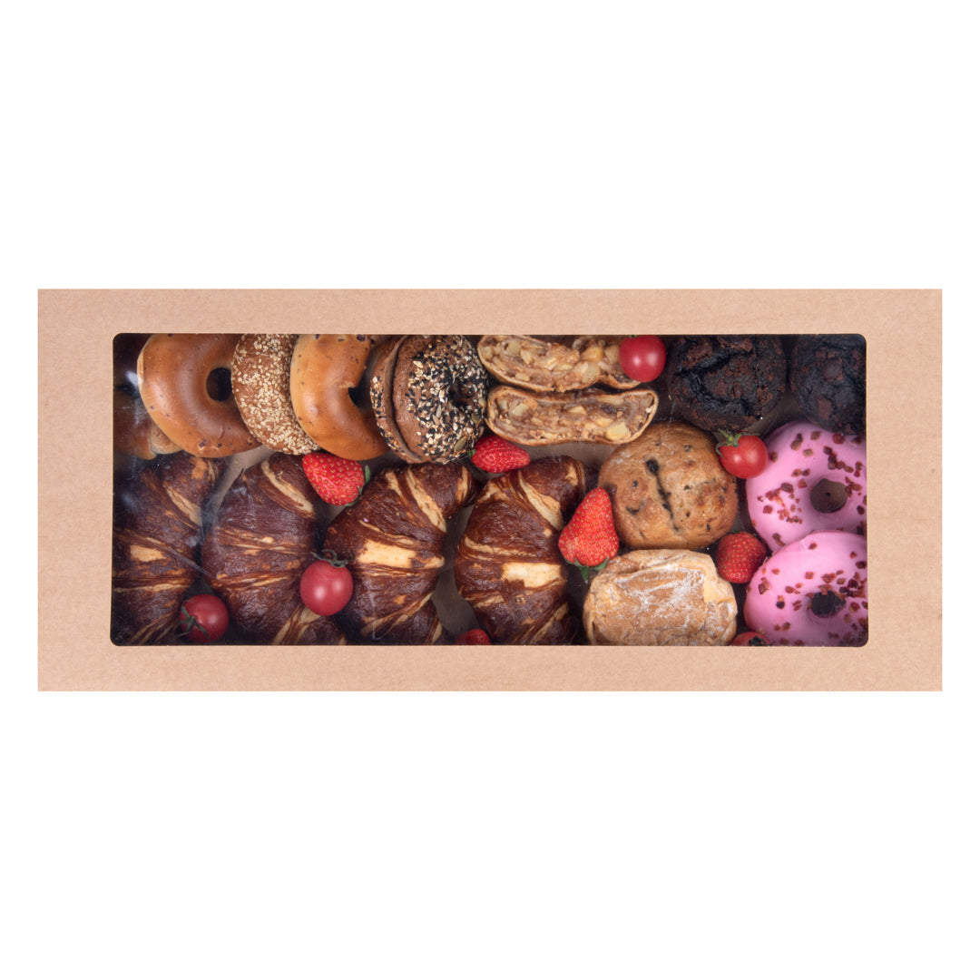 Cater Tek Rectangle Kraft Paper Catering Box - with Window Lid - 22 1/4" x 10" x 3 1/4" - 10 count box