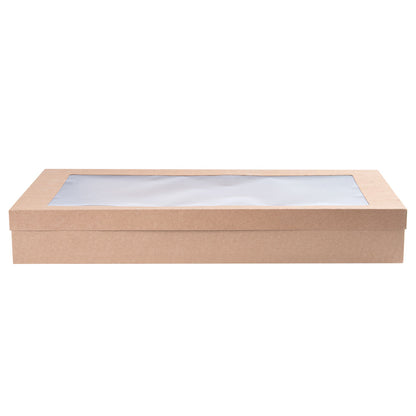 Cater Tek Rectangle Kraft Paper Catering Box - with Window Lid - 22 1/4" x 10" x 3 1/4" - 10 count box